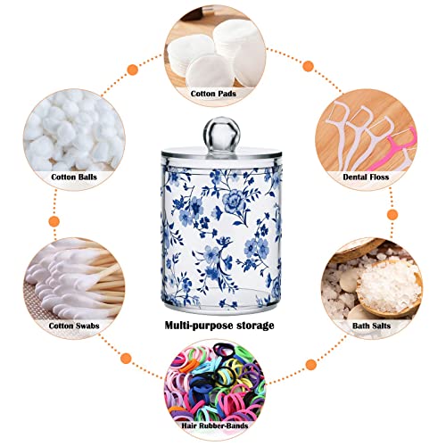 Kigai Cotton Swabs Organizer Blue Wildflowers Qtip Holder Dispenser with Lid Apothecary Jar Set 2PCS Reusable Clear Plastic Cans for Dry Food - Image 4