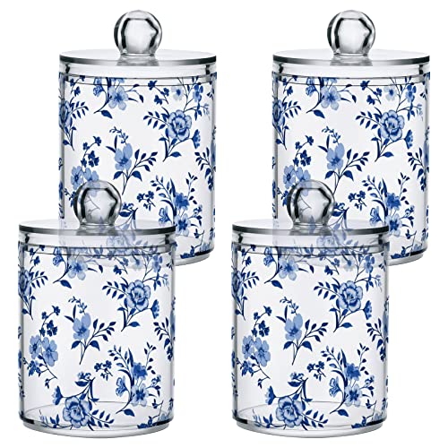 Kigai Cotton Swabs Organizer Blue Wildflowers Qtip Holder Dispenser with Lid Apothecary Jar Set 2PCS Reusable Clear Plastic Cans for Dry Food - Image 2