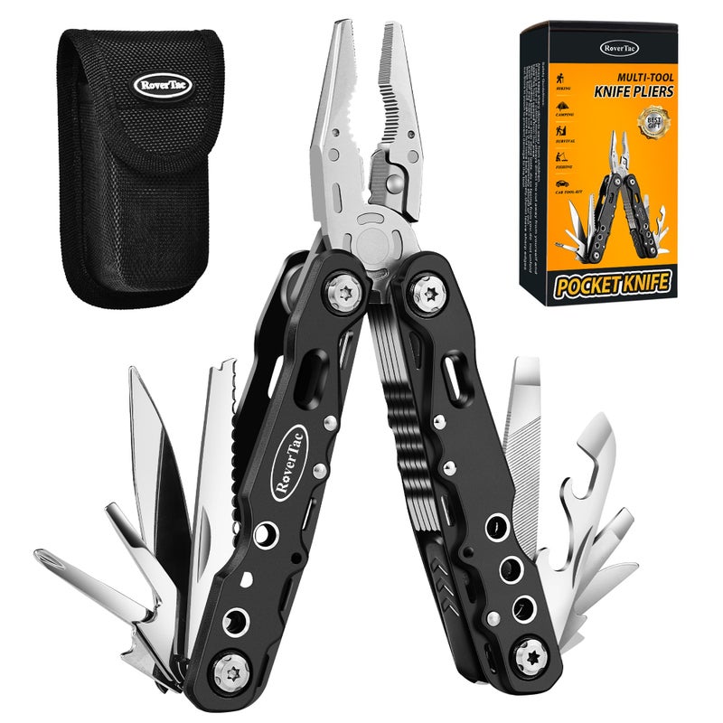 RoverTac Multitool Pliers Pocket Knife, 14 in 1 Multi Tool Knife Pliers Saw Bottle Opener Safety Lock Nylon Sheath, Camping Hiking Gear Multitool for Camping Survival Hiking DIY, Gifts for Men Dad - Image 1