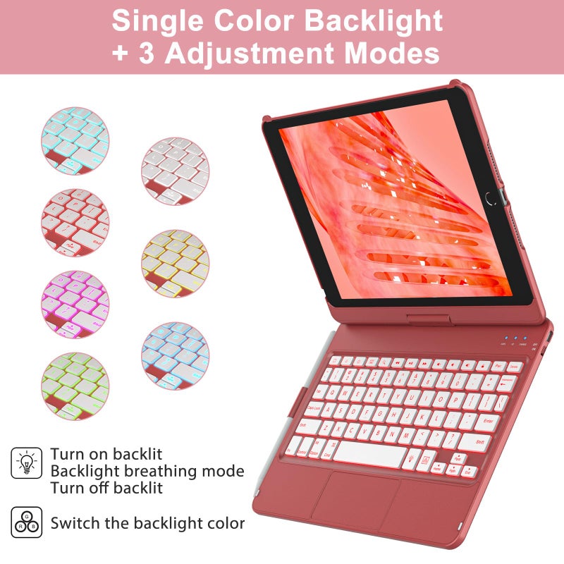 aMZCaSE Keyboard Case for iPad 9th Generation(10.2",2021), Colorful Backlight, 360Â° Slim Cover, Keyboard Case with Pencil Holder, for iPad 8th Gen 2020, 7th Gen 2019, Smart Wake/UP, Retro Red - Image 4