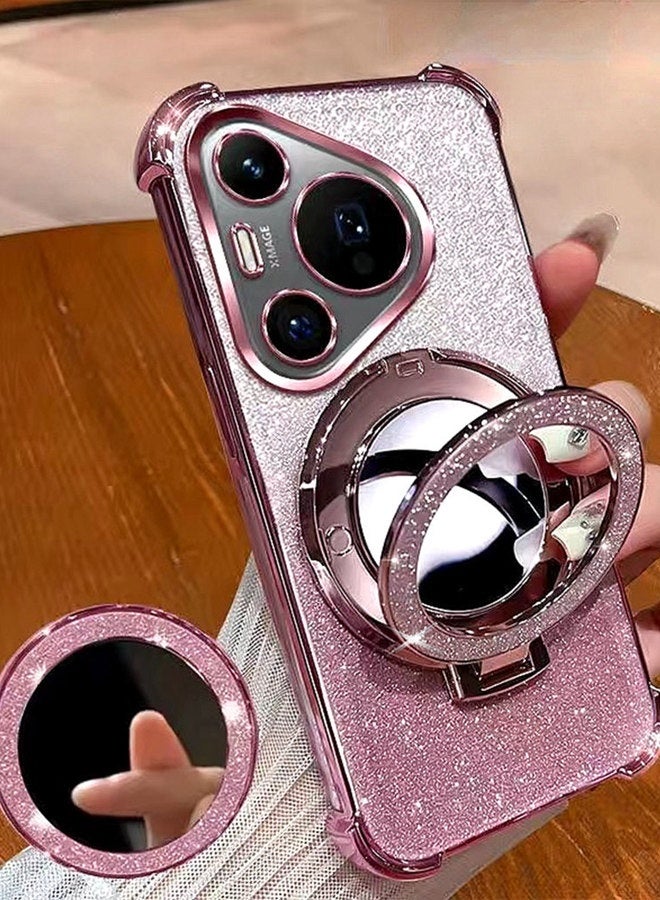 Magnetic Glitter Case for Huawei Pura 80 Ultra with Camera Lens Protector，Sparkly Stand，Mirror， Luxury Gradient Shockproof Huawei Pura 80 Ultra Cover for Women and Girls Gift，Pink - Image 1