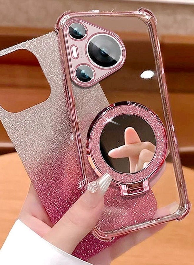 Magnetic Glitter Case for Huawei Pura 80 Ultra with Camera Lens Protector，Sparkly Stand，Mirror， Luxury Gradient Shockproof Huawei Pura 80 Ultra Cover for Women and Girls Gift，Pink - Image 2