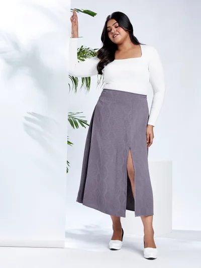globus Globus Gloplus Women Grey Mid-Rise Self Design Bohemian Front Slit Plus Size A-Line Midi Skirt