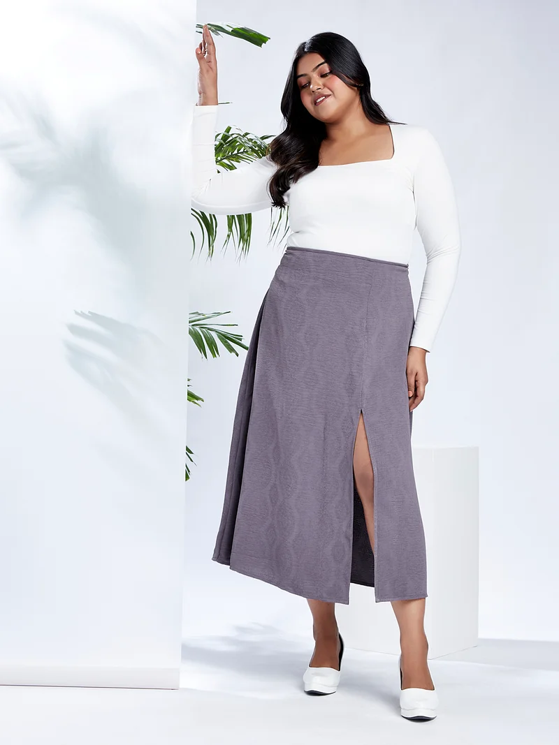 globus Gloplus Women Grey Mid-Rise Self Design Bohemian Front Slit Plus Size A-Line Midi Skirt