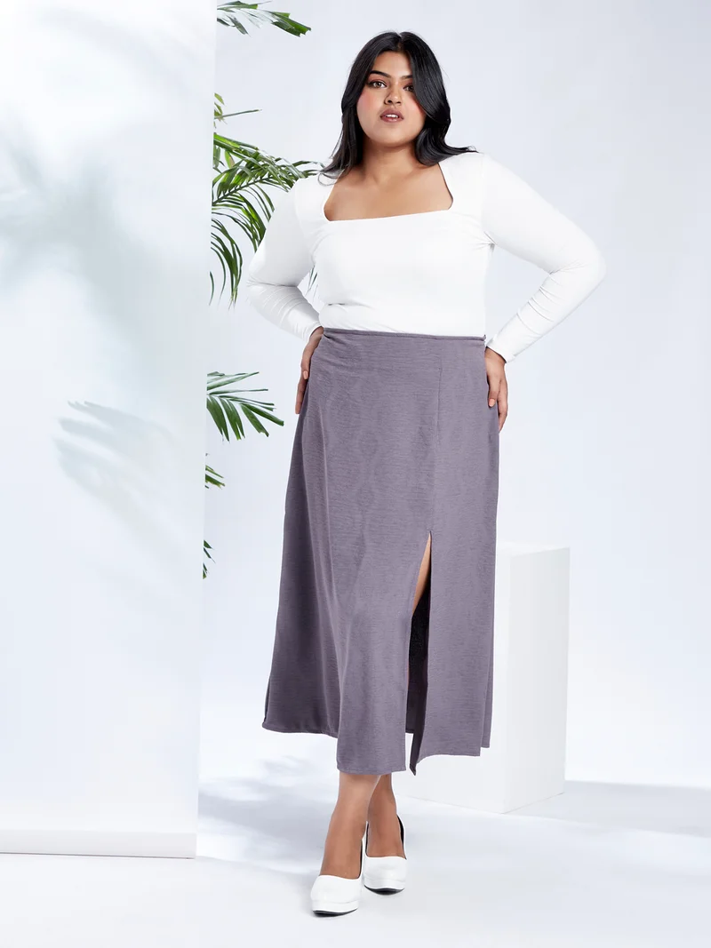globus Globus Gloplus Women Grey Mid-Rise Self Design Bohemian Front Slit Plus Size A-Line Midi Skirt