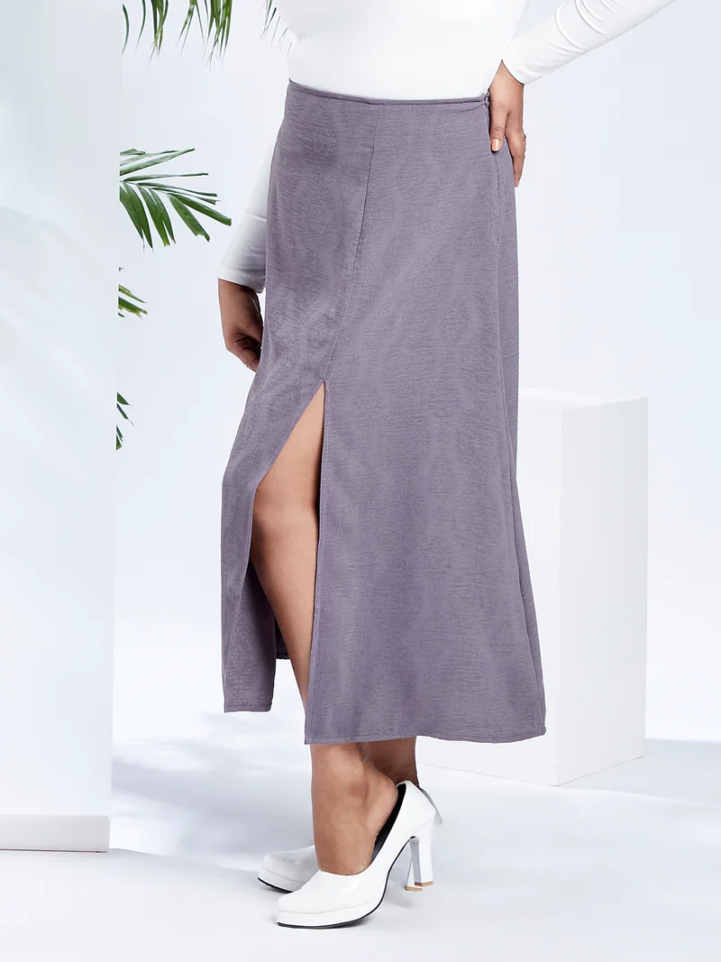 globus Globus Gloplus Women Grey Mid-Rise Self Design Bohemian Front Slit Plus Size A-Line Midi Skirt
