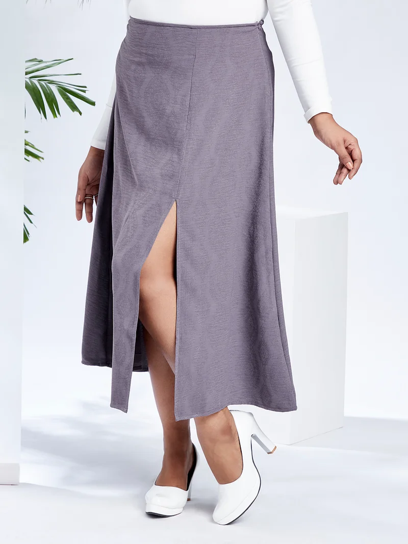 globus Gloplus Women Grey Mid-Rise Self Design Bohemian Front Slit Plus Size A-Line Midi Skirt