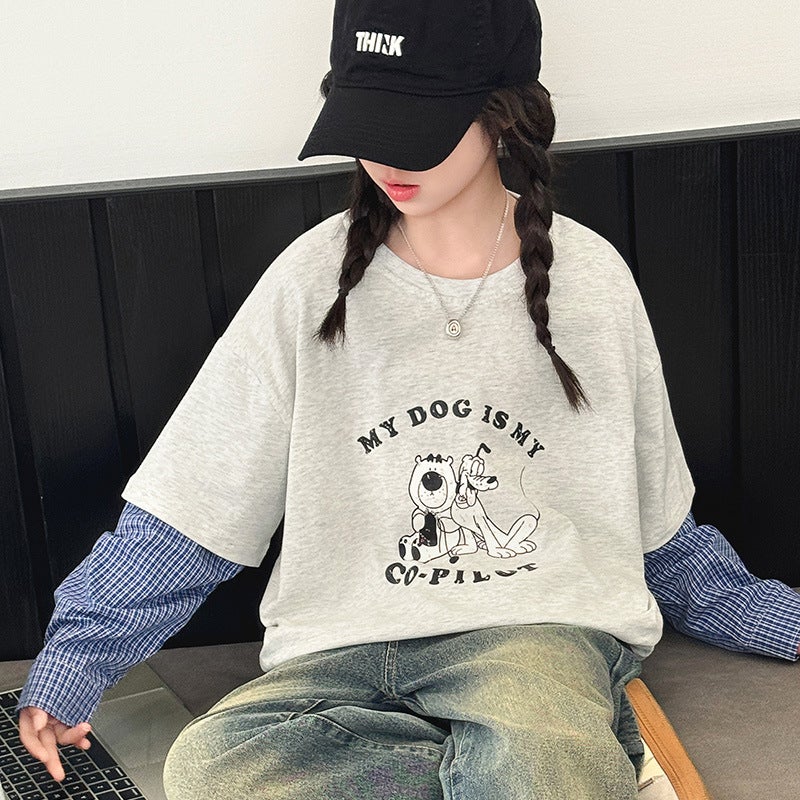 Girls' T-Shirt Long-Sleeved Children'S Casual Loose T-Shirt Big Children'S Spring Fake Two-Piece Base Shirt - Image 1