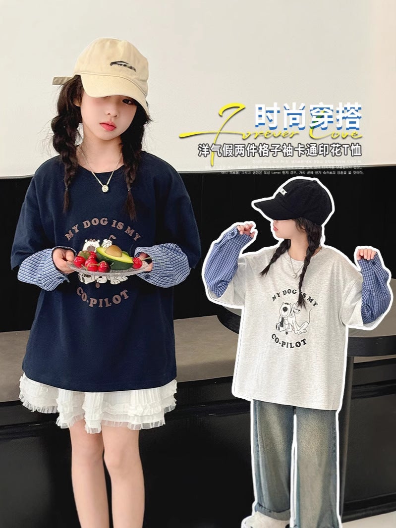 Girls' T-Shirt Long-Sleeved Children'S Casual Loose T-Shirt Big Children'S Spring Fake Two-Piece Base Shirt - Image 4