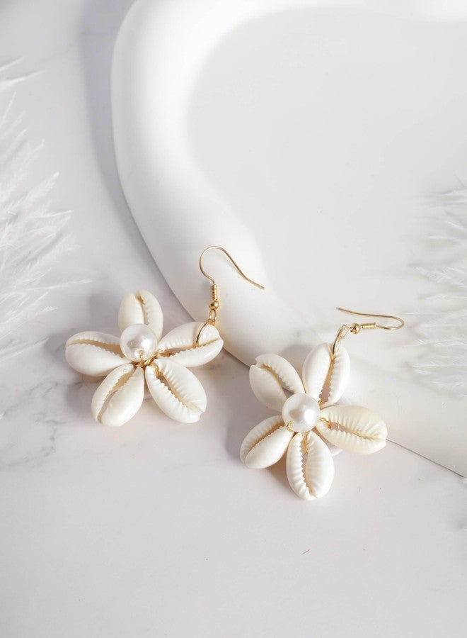 MINACHI Boho Summer Beach Faux Pearl Seashell Shell Flower Shape Dangle Drop Earrings, Vintage Bohemian Ocean Jewelry Gift for Women - Image 2