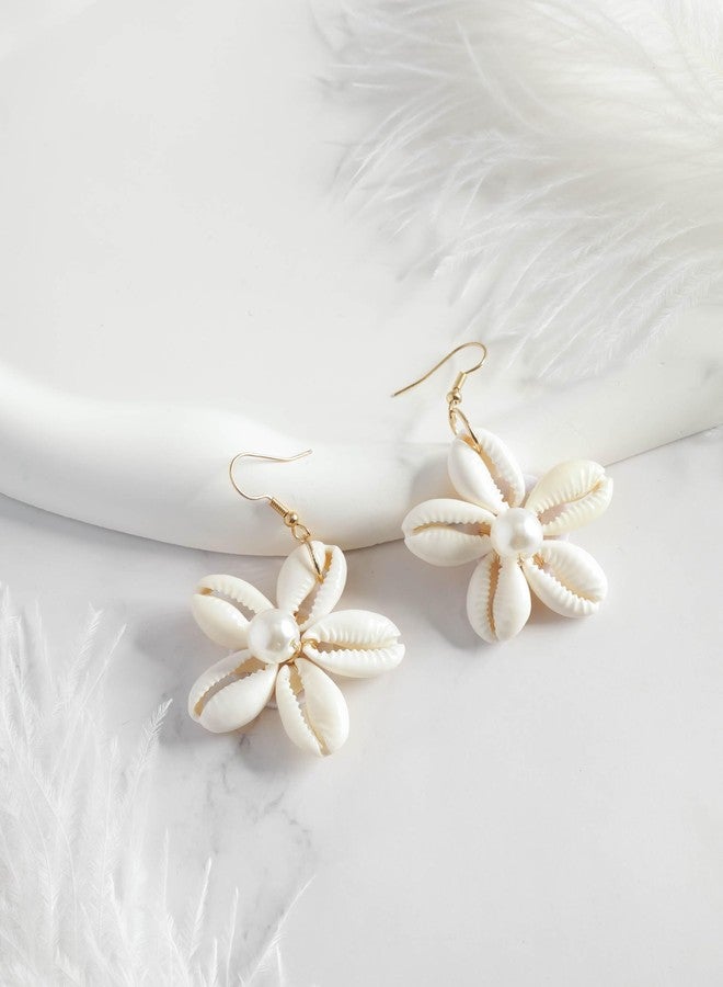 MINACHI Boho Summer Beach Faux Pearl Seashell Shell Flower Shape Dangle Drop Earrings, Vintage Bohemian Ocean Jewelry Gift for Women - Image 3