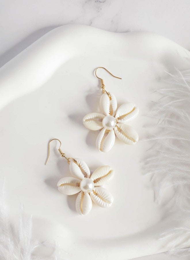 MINACHI Boho Summer Beach Faux Pearl Seashell Shell Flower Shape Dangle Drop Earrings, Vintage Bohemian Ocean Jewelry Gift for Women - Image 4
