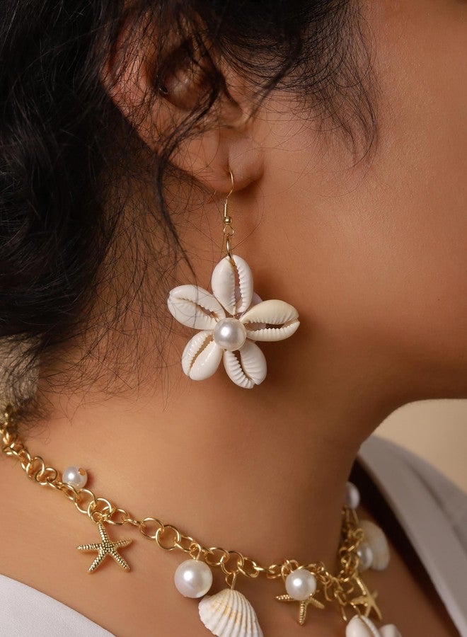 MINACHI Boho Summer Beach Faux Pearl Seashell Shell Flower Shape Dangle Drop Earrings, Vintage Bohemian Ocean Jewelry Gift for Women - Image 5