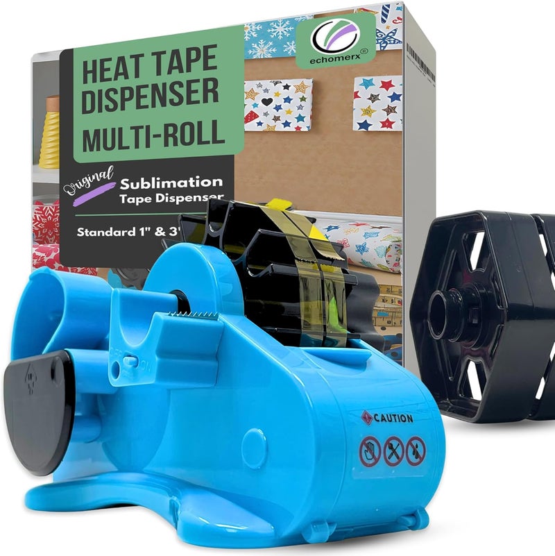 echomerx Original Tape Dispenser Multi-Roll - Pre-Cut Sublimation Heat Resistant, Cricut, Transfer, Thermal, Press, Thin Double-Sided & Scotch Tapes, 1" & 3" Large Core, Blue - Image 1
