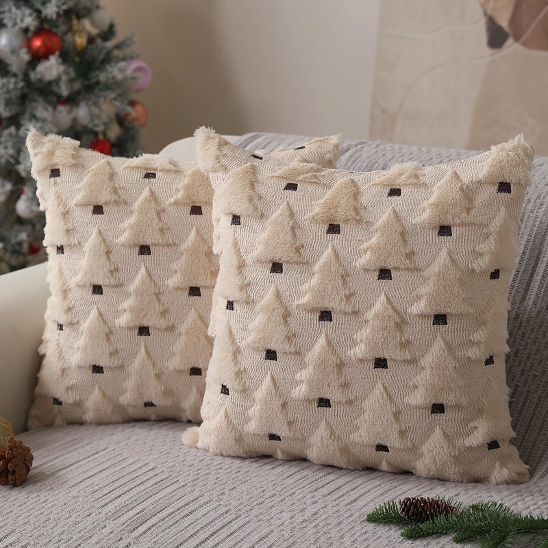 Allorry Christmas Pillow Covers 18x18 inch Set of 2 Xmas Decorations Soft Plush Faux Fur Wool Beige Christmas Tree Throw Pillow Cases Winter Holiday Decor for Sofa Living Room PT002C18