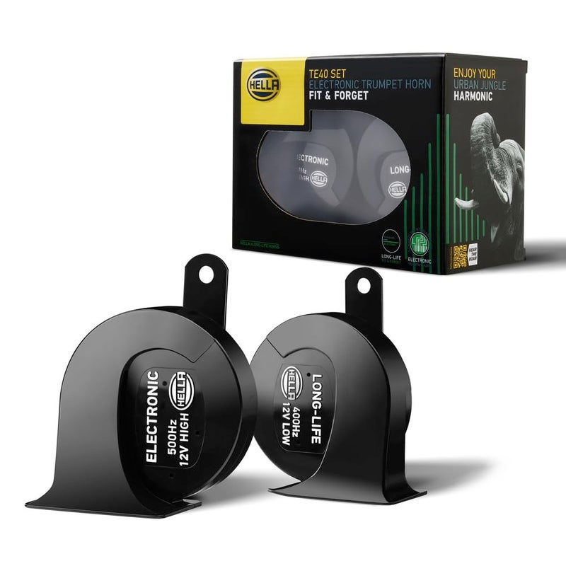 HELLA Fanfare eLONG-LIFE HORN TE40 SET - 12V - 112dB(A) - Frequency range from: 400Hz - Frequency range up to: 500Hz - Tweet/Low - Electric - Housing Colour: Black - Quantity: 2-3FH 007 728-981 - Image 1