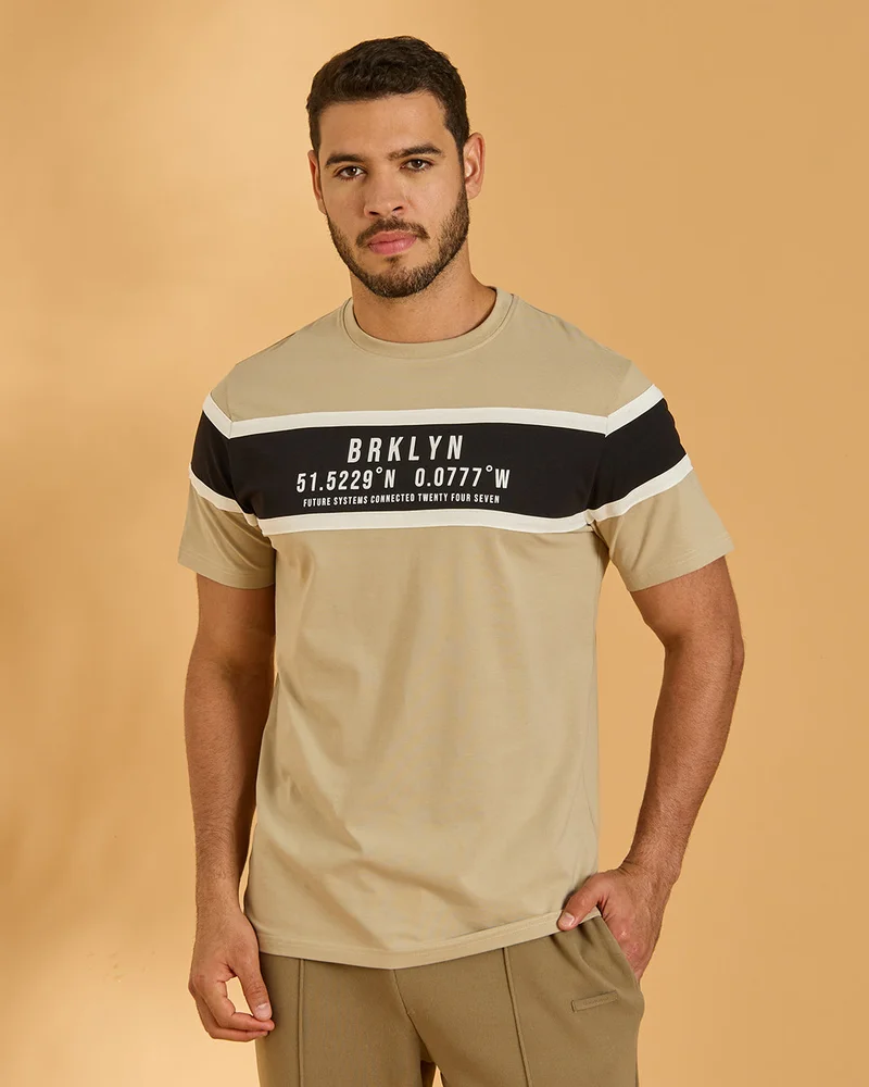 Redtag Men Beige Stripe T-Shirt