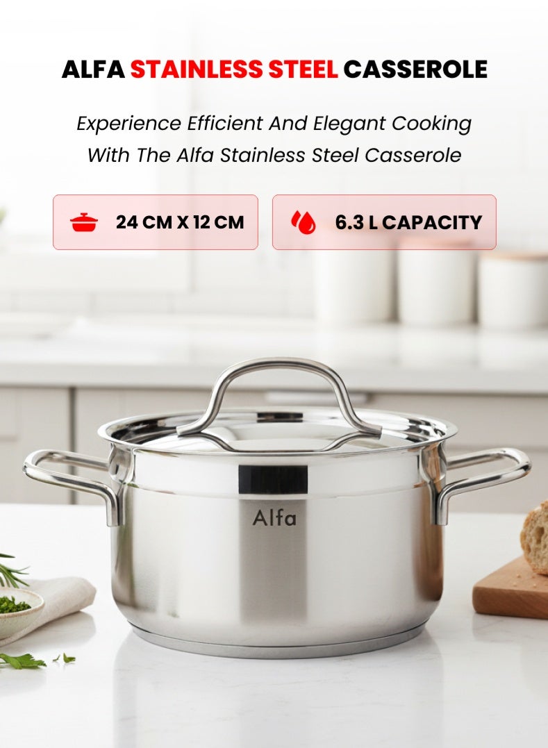 ALFA Stainless Steel Casserole 24 cm | 6.3 L Capacity | 18/10 Food‑Grade Steel | Triplex Capsule Bottom | Induction & Gas Compatible | With Lid - Image 1