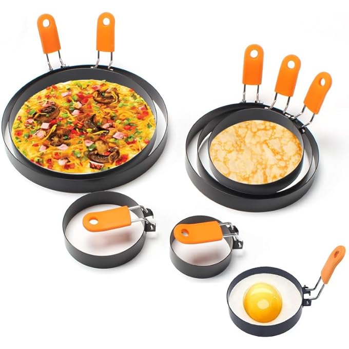 كاست ويف حلقات بيض من الفولاذ المقاوم للصدأ مع مقابض سيليكون وقوالب فطائر غير لاصقة وعجة لوجبة الإفطار مقلاة على المقلاة للاستخدام مناسب لساندويتش الإفطار 6 قطع - Image 1
