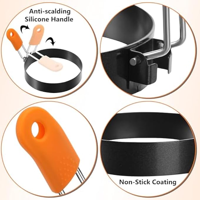 كاست ويف حلقات بيض من الفولاذ المقاوم للصدأ مع مقابض سيليكون وقوالب فطائر غير لاصقة وعجة لوجبة الإفطار مقلاة على المقلاة للاستخدام مناسب لساندويتش الإفطار 6 قطع - Image 3
