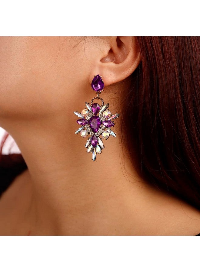 Denifery Purple Crystal Rhinestone Dangle Earrings Tassel Earrings C Shaped Earrings Chandelier Drop Earring Evening Prom Pageant Earrings For Women And Girls (Style 3) - Image 1