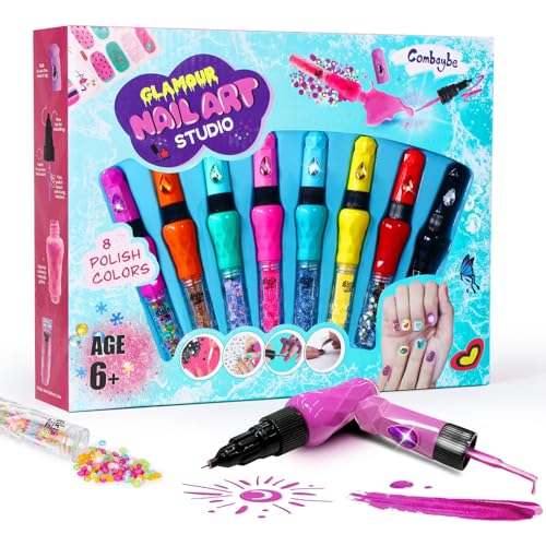 Combaybe 8Count Nail Art Pen Set for Kids NonToxic Nail Polish Glitter with Doodle Tip Nail Art Kit for Girls 712 Birthday for 812 Toys for 10 Year Olds Includes Stickers Gems - Image 1