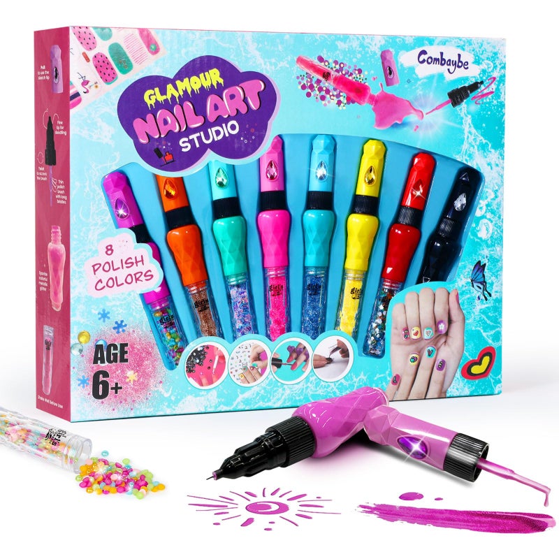 Combaybe 8Count Nail Art Pen Set for Kids NonToxic Nail Polish Glitter with Doodle Tip Nail Art Kit for Girls 712 Birthday for 812 Toys for 10 Year Olds Includes Stickers Gems - Image 2
