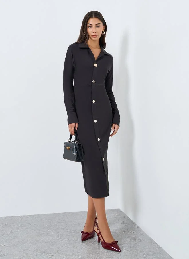 Styli Styli Black Buttoned Long Sleeves Midi Dress