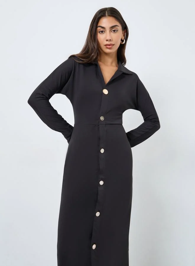 Styli Styli Black Buttoned Long Sleeves Midi Dress