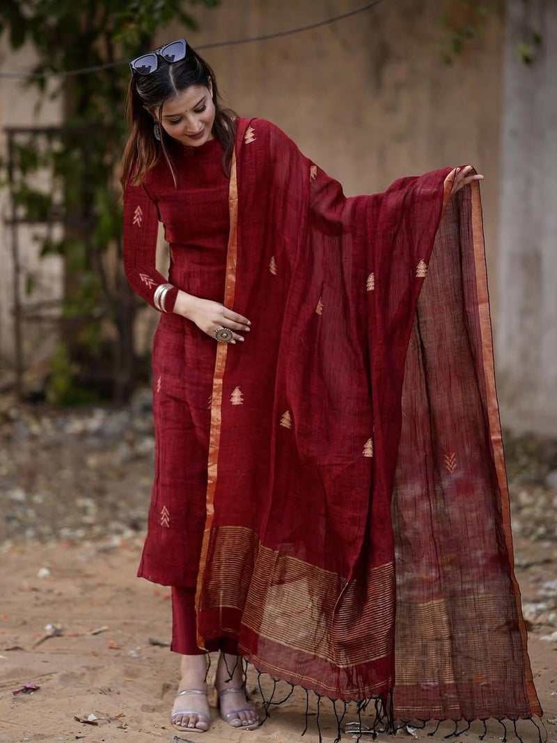 GoSriKi قميص كورتا مطبوع للنساء من رايون فيسكوز مع بنطلون ودوباتا (تشاكوري مارون-GS_L_Maroon_Large) - Image 4