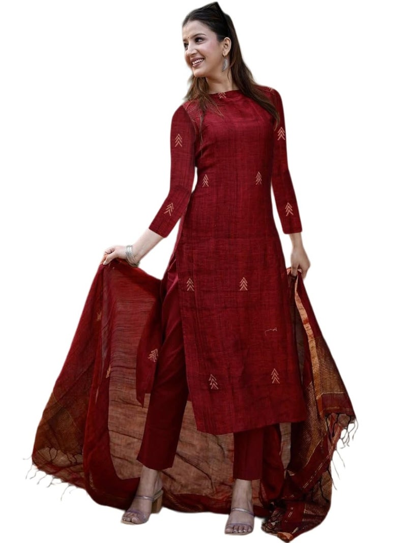 GoSriKi قميص كورتا مطبوع للنساء من رايون فيسكوز مع بنطلون ودوباتا (تشاكوري مارون-GS_L_Maroon_Large) - Image 1