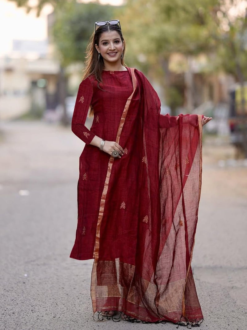 GoSriKi قميص كورتا مطبوع للنساء من رايون فيسكوز مع بنطلون ودوباتا (تشاكوري مارون-GS_L_Maroon_Large) - Image 5
