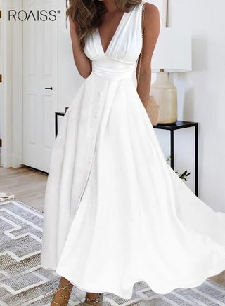 Women's V Neck Maxi Dress Cotton Sleeveless Long Dress Ladies Grace High Waist Oversize Skirt Wrap Dress White Summer Beach Casual Elegant Comfortable Fit Chic Vacation Outfit