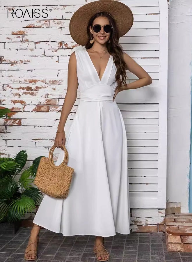 roaiss Women's V Neck Maxi Dress Cotton Sleeveless Long Dress Ladies Grace High Waist Oversize Skirt Wrap Dress White Summer Beach Casual Elegant Comfortable Fit Chic Vacation Outfit - Image 4