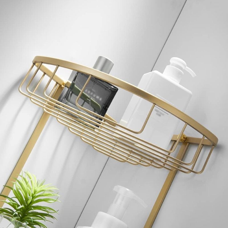 Double Tier Corner Caddy 8.5 X 6 X 23 Cm Per Tier - Drainable Open Basket Wall Mounted Shower Organizer Gold - Water Flow Through Design For Small Bathroom Apartment Kitchen Compact Living - Image 4