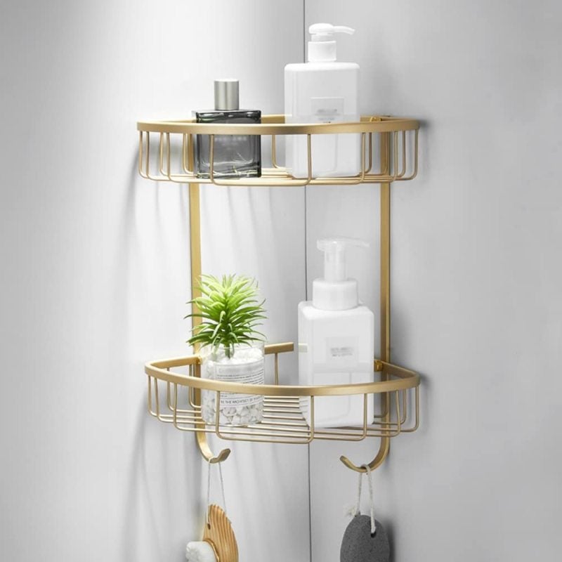 Double Tier Corner Caddy 8.5 X 6 X 23 Cm Per Tier - Drainable Open Basket Wall Mounted Shower Organizer Gold - Water Flow Through Design For Small Bathroom Apartment Kitchen Compact Living - Image 2