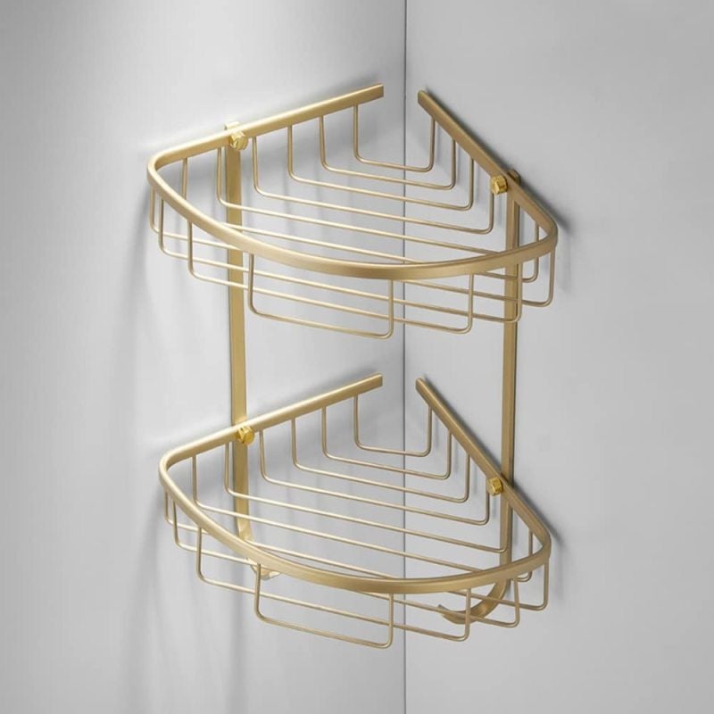 Double Tier Corner Caddy 8.5 X 6 X 23 Cm Per Tier - Drainable Open Basket Wall Mounted Shower Organizer Gold - Water Flow Through Design For Small Bathroom Apartment Kitchen Compact Living - Image 3