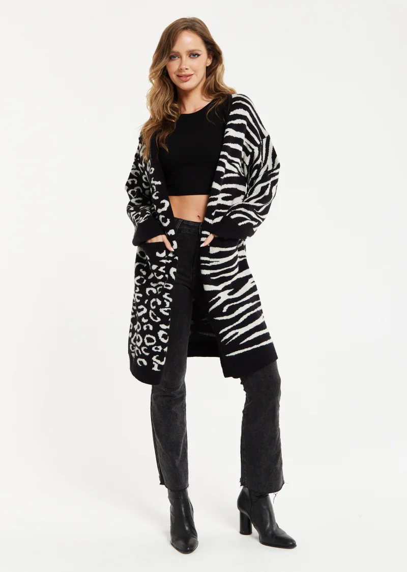 Liquorish Animal-Print Contrast Long Cardigan