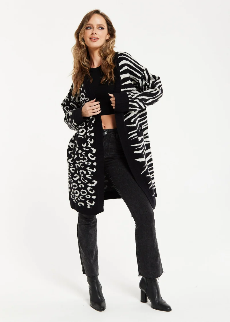 Liquorish Animal-Print Contrast Long Cardigan
