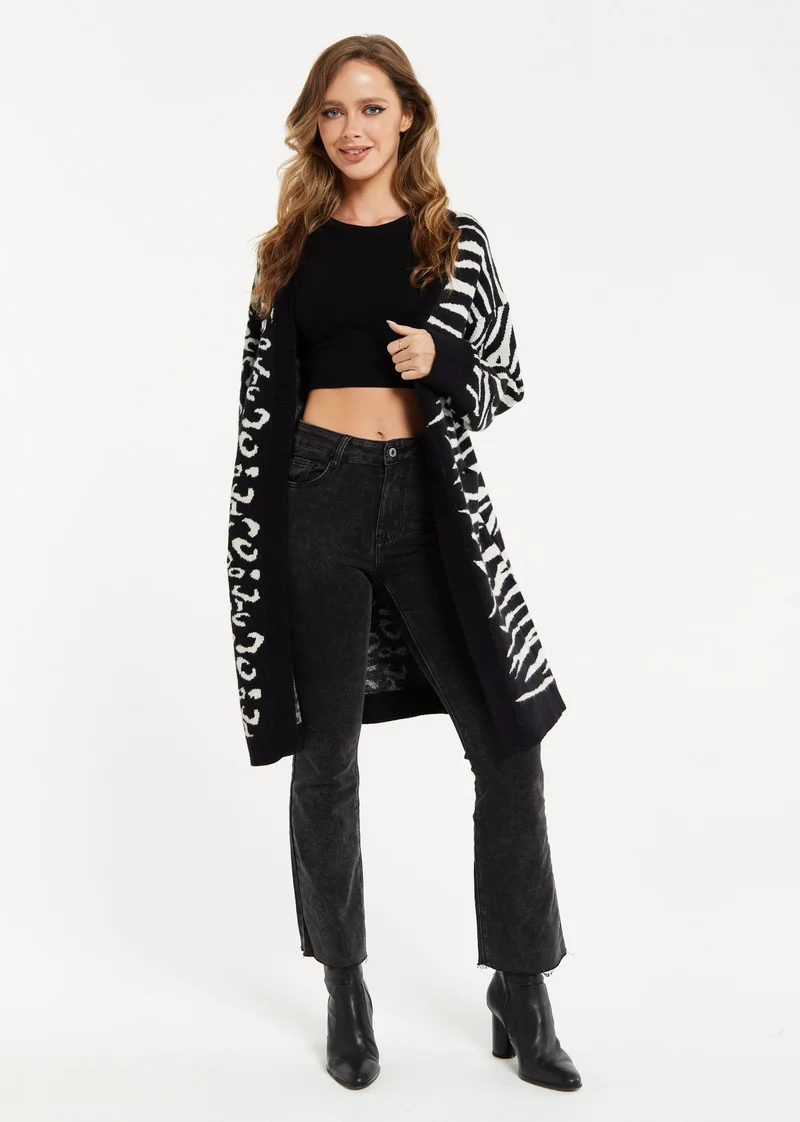 Liquorish Animal-Print Contrast Long Cardigan