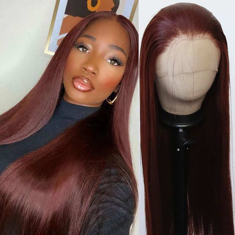 BTWTRY Reddish Brown Synthetic Lace Front Wig Long Straight Auburn Brown Lace Front Synthetic Wig Pre Plucked Natural Hairline Glueless Heat Resistant Fiber Hair Wig for Fashion Women Reddish Brown