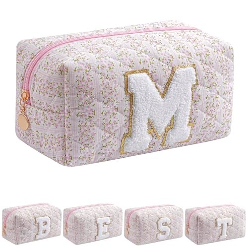 JOVAKIT Alphabet Makeup Bag Cosmetic Bag for Women, Christmas Gifts for Girls Age 6-18, Floral Flowers Coquette Travel Toiletry Zipper Make Up Pouch Organizer Trendy Stuff (Pink Floral M) - Image 1