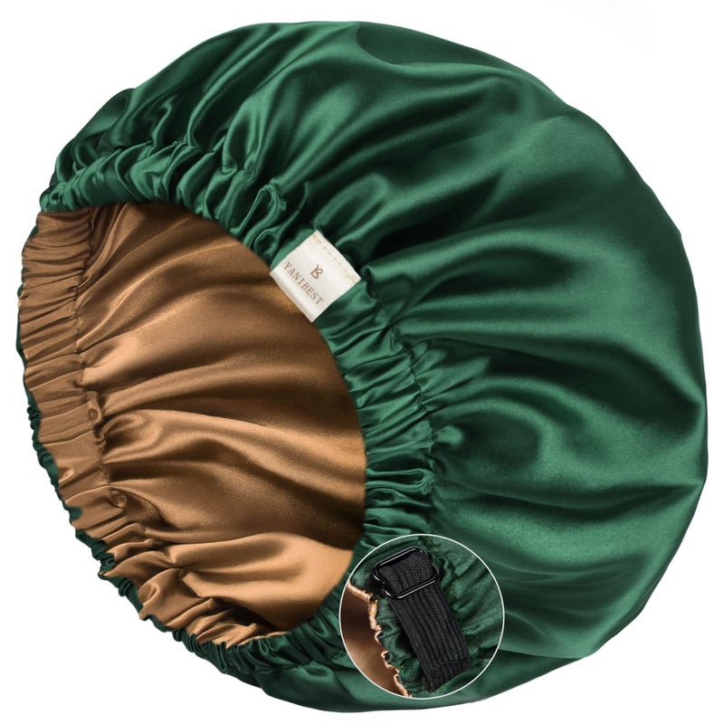YANIBEST Silk Bonnet Satin Bonnet for Sleeping Women and Men Adjustable Double Layer Hair Bonnet for Curly Braids Hair Dark Green