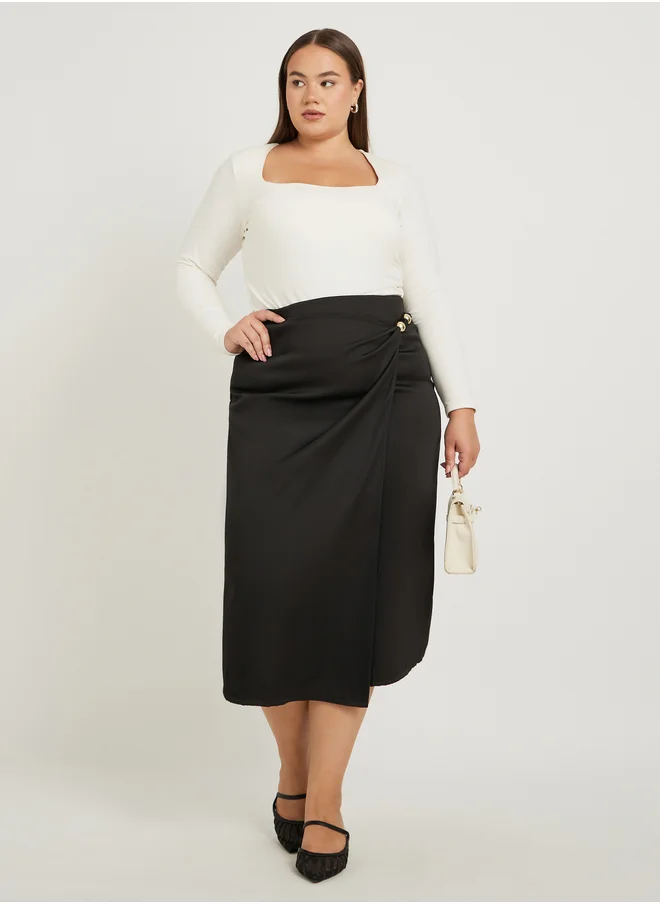 ستايلي Plus Size Plain Wrap Look A-Line Skirt with Bead Detail