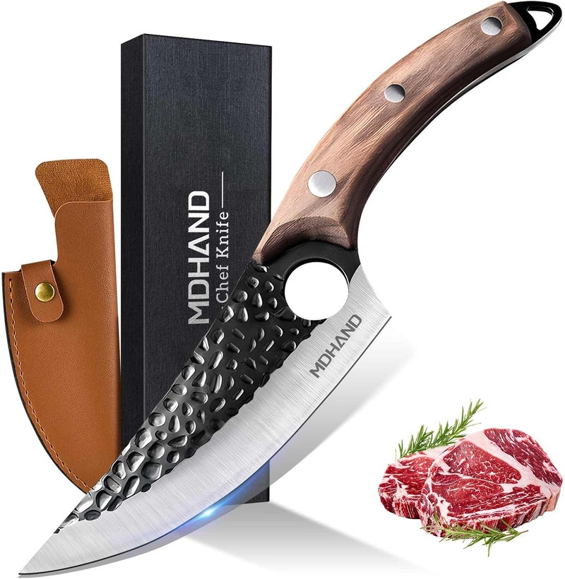 MDHAND Chef Knife - Hand Forged Butcher Knives with Sheath, Japanese Knives, Stainless Steel Viking Knives, Meat Cutting Knife for Kitchen, Camping, BBQ, Hunting, Holiday Gifts for Men - Image 1