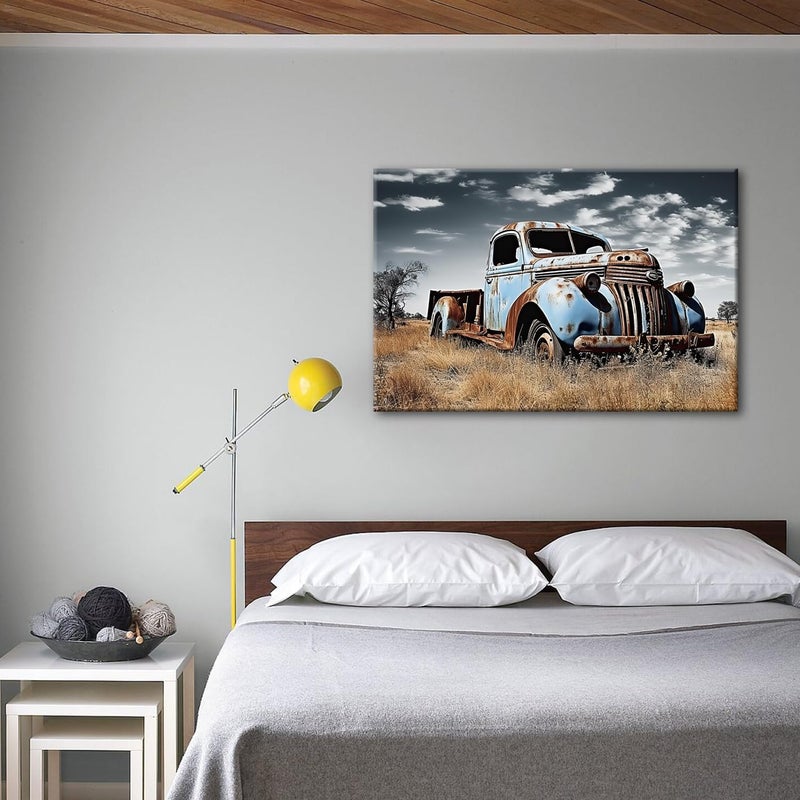 GLOKAKA Old Truck Wall Art Country Style Truck Wildlife Picture Painting Print On Canvas Rustic Car Farmhouse Artwork for Living Room,Bedroom,Office, Home Decor,Framed - Image 3