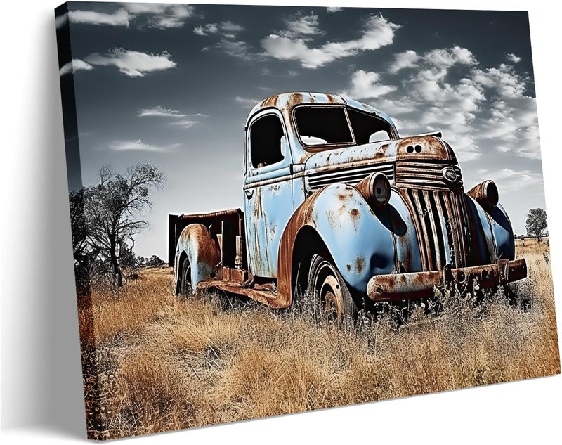 GLOKAKA Old Truck Wall Art Country Style Truck Wildlife Picture Painting Print On Canvas Rustic Car Farmhouse Artwork for Living Room,Bedroom,Office, Home Decor,Framed - Image 1