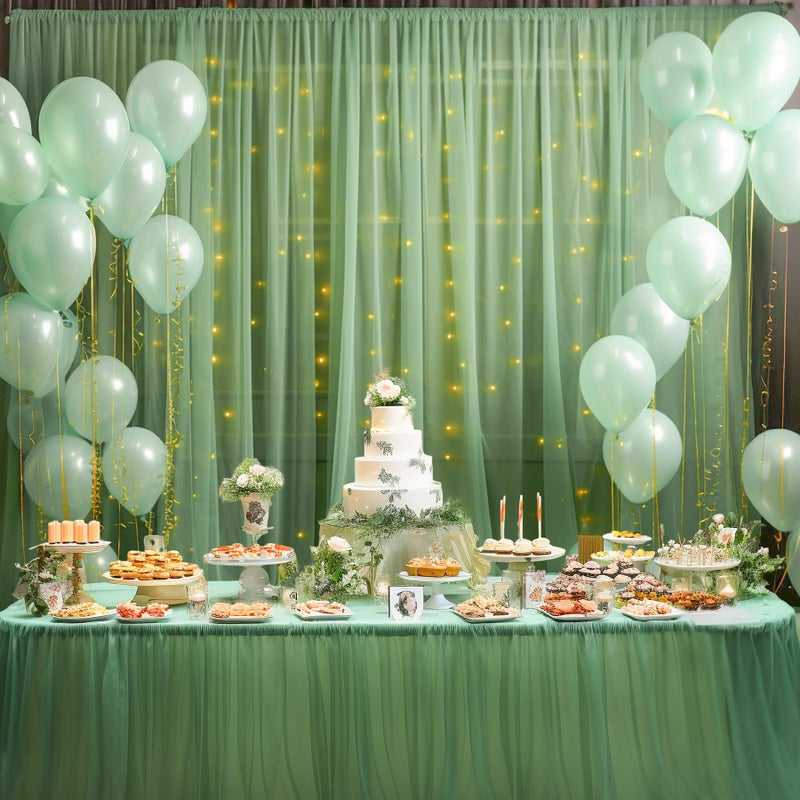Shillance 10ft x 8ft Green Backdrop Curtain with Lights String for Parties, Sheer Tulle Wedding Photo Backdrops Drapes for Baby Shower Birthday Party Decorations Background for Photography - Image 3