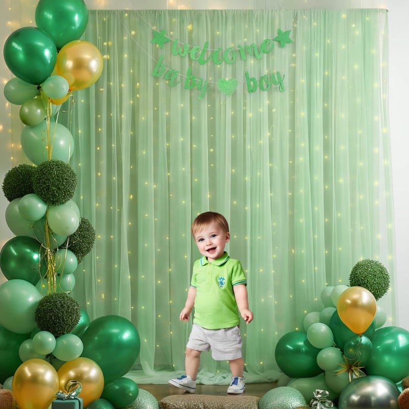 Shillance 10ft x 8ft Green Backdrop Curtain with Lights String for Parties, Sheer Tulle Wedding Photo Backdrops Drapes for Baby Shower Birthday Party Decorations Background for Photography - Image 5