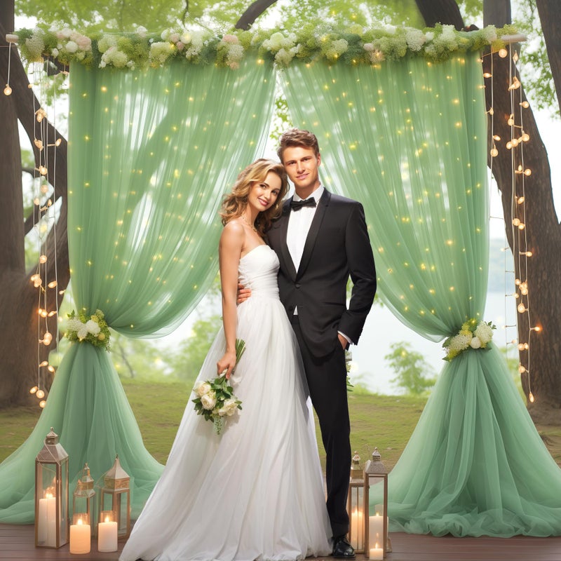 Shillance 10ft x 8ft Green Backdrop Curtain with Lights String for Parties, Sheer Tulle Wedding Photo Backdrops Drapes for Baby Shower Birthday Party Decorations Background for Photography - Image 2
